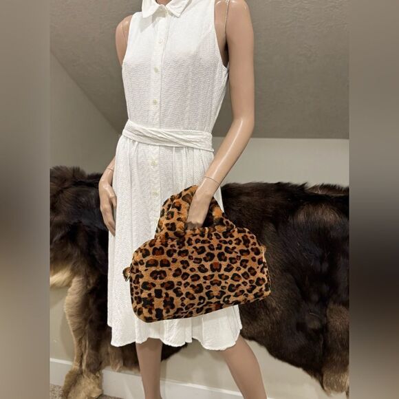 Leopard Real Shearling Lambskin Top Handles Bag/Large Baguette Bag/Crossbody - Picture 3 of 16